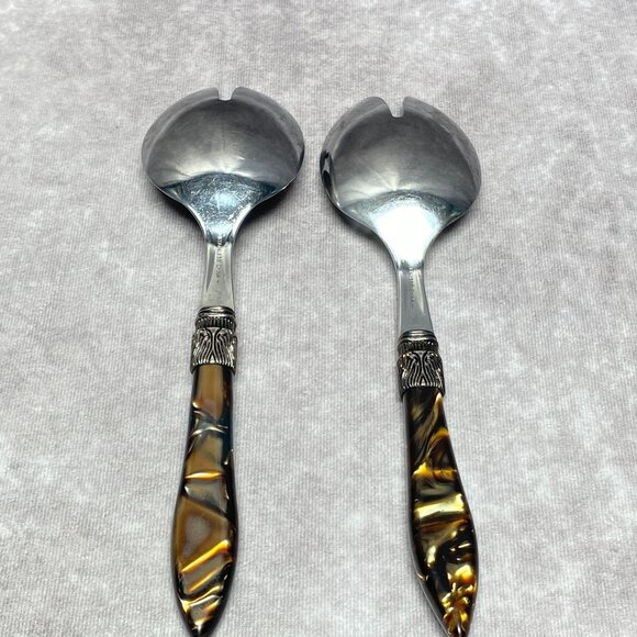 Vintage Stainless Steel Salad Servers With Faux Tortoiseshell Handles 10" - Picture 8 of 9